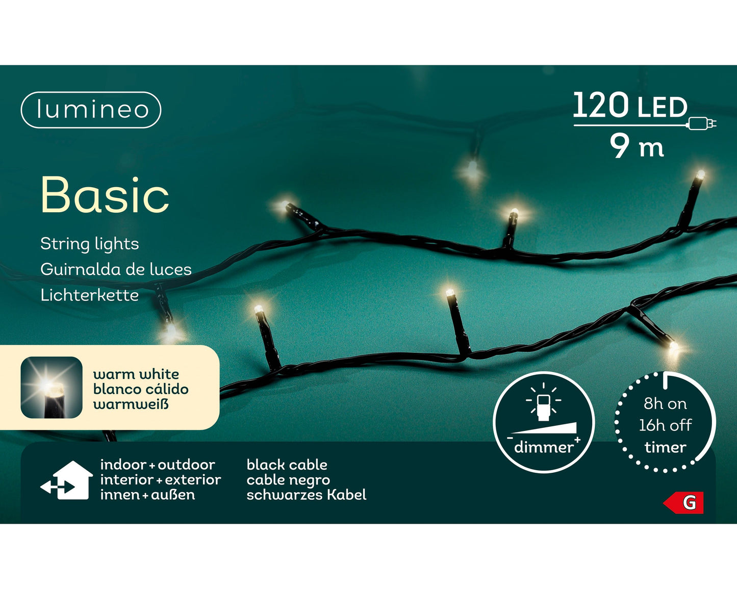 Lichterkette Basic 120 LED 9 m warm weiß, schwarzes Kabel