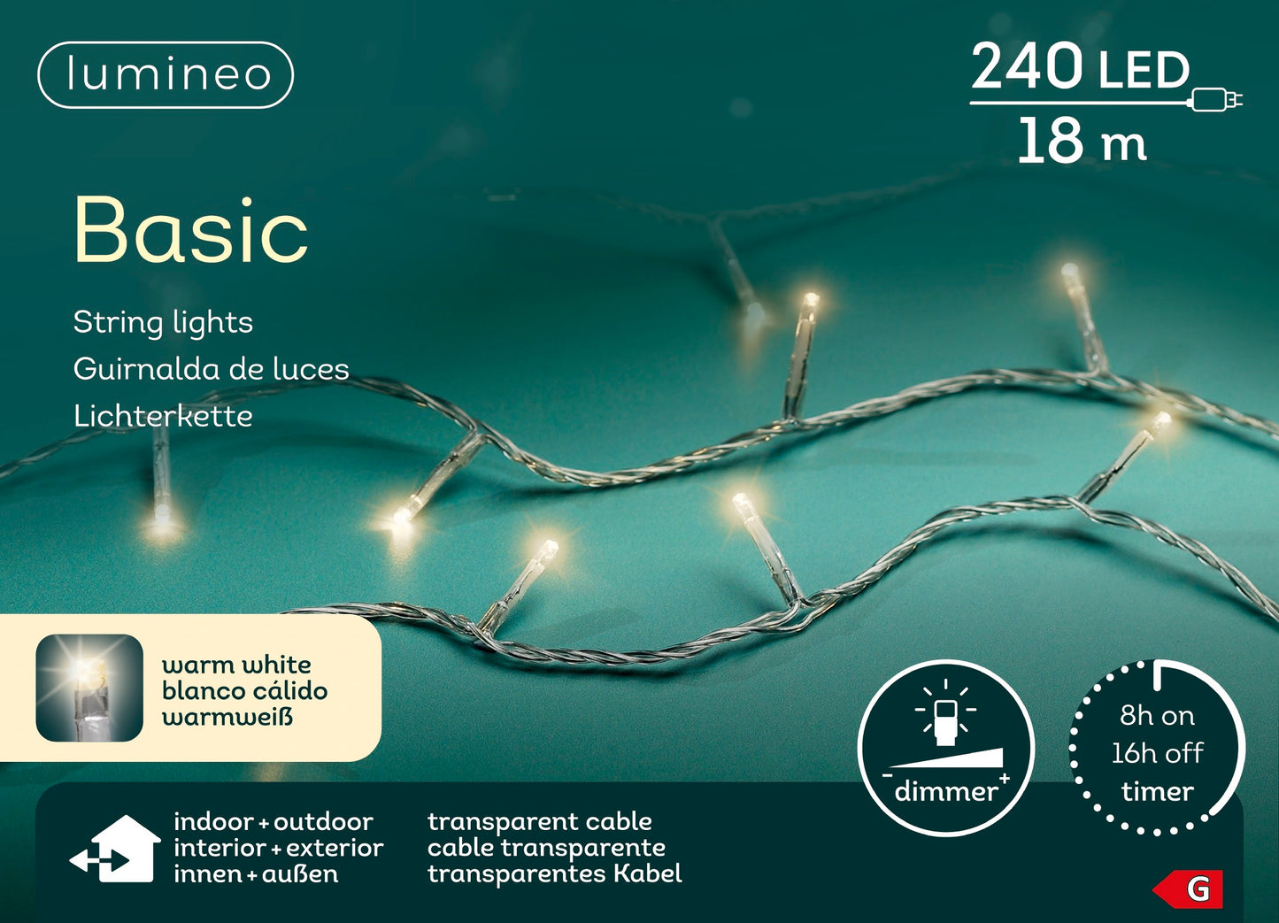 Lichterkette Basic 240 LED 18 m warm weiß, transparentes Kabel