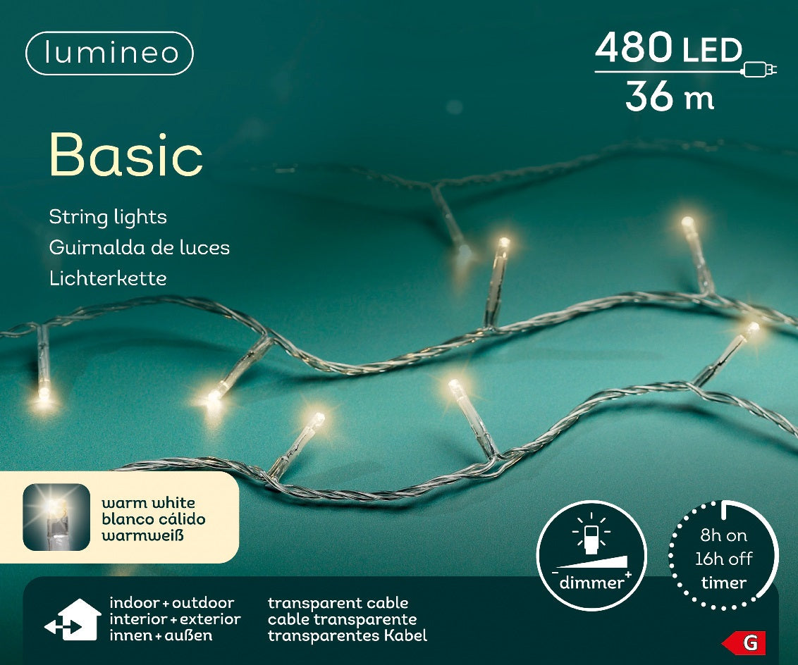 Lichterkette Basic 480 LED 36 m warm weiß, transparentes Kabel