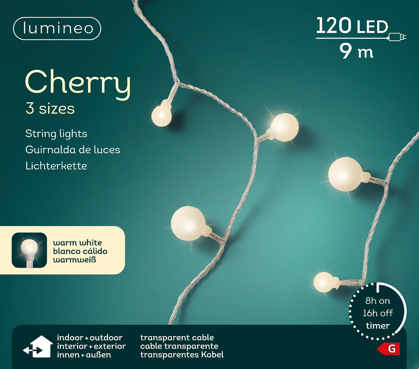 Lichterkette Cherry 120 LED 9 m warm weiß, transparentes Kabel