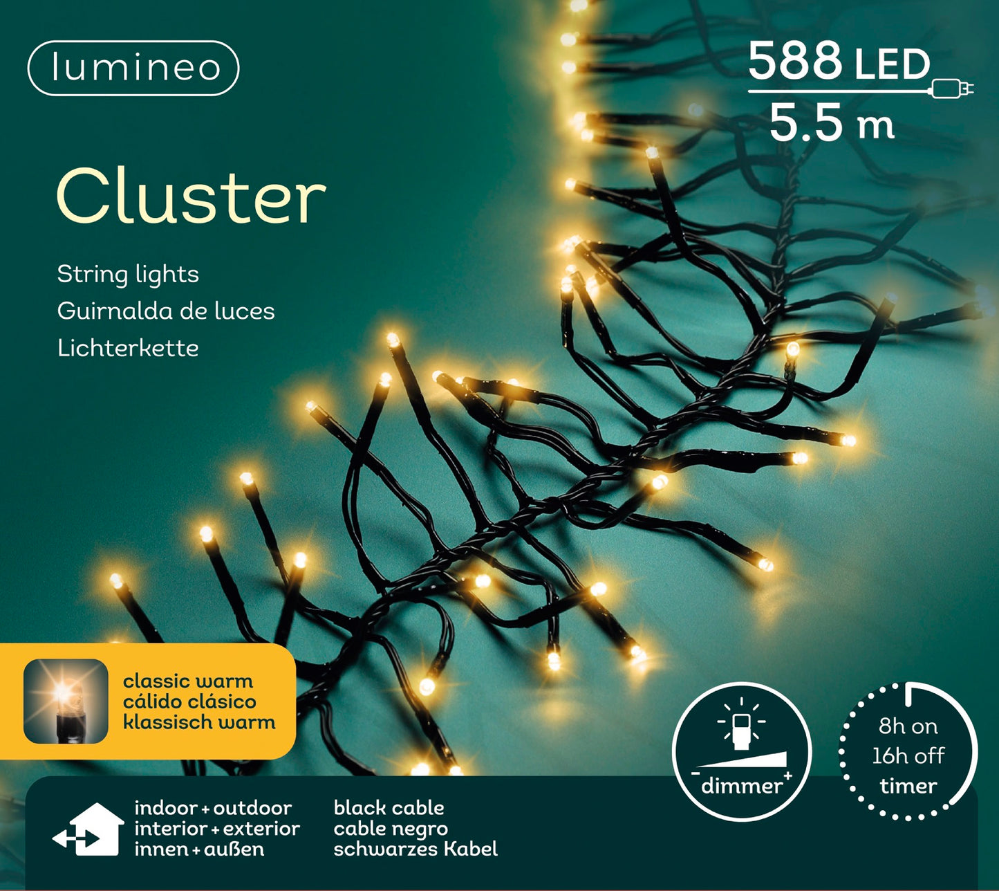 Lichterkette Cluster 588 LED 5,5 m klassisch warm, schwarzes Kabel