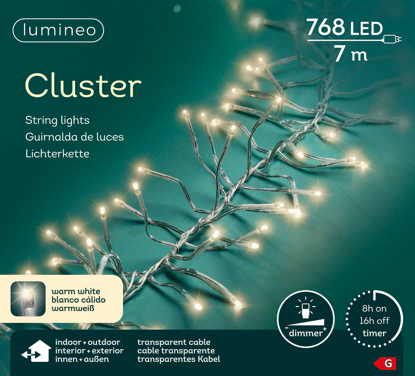 Lichterkette Cluster 768 LED 7 m warm weiß, transparentes Kabel