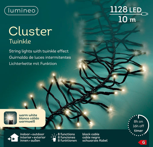 Lichterkette Cluster Twinkle 1128 LED 10 m warm weiß, schwarzes Kabel