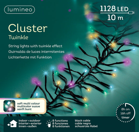 Lichterkette Cluster 1128 LED 10 m Bunt, schwarzes Kabel