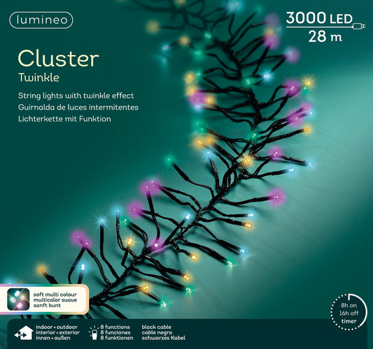 Lichterkette Cluster 3000 LED 28 m Bunt, schwarzes Kabel