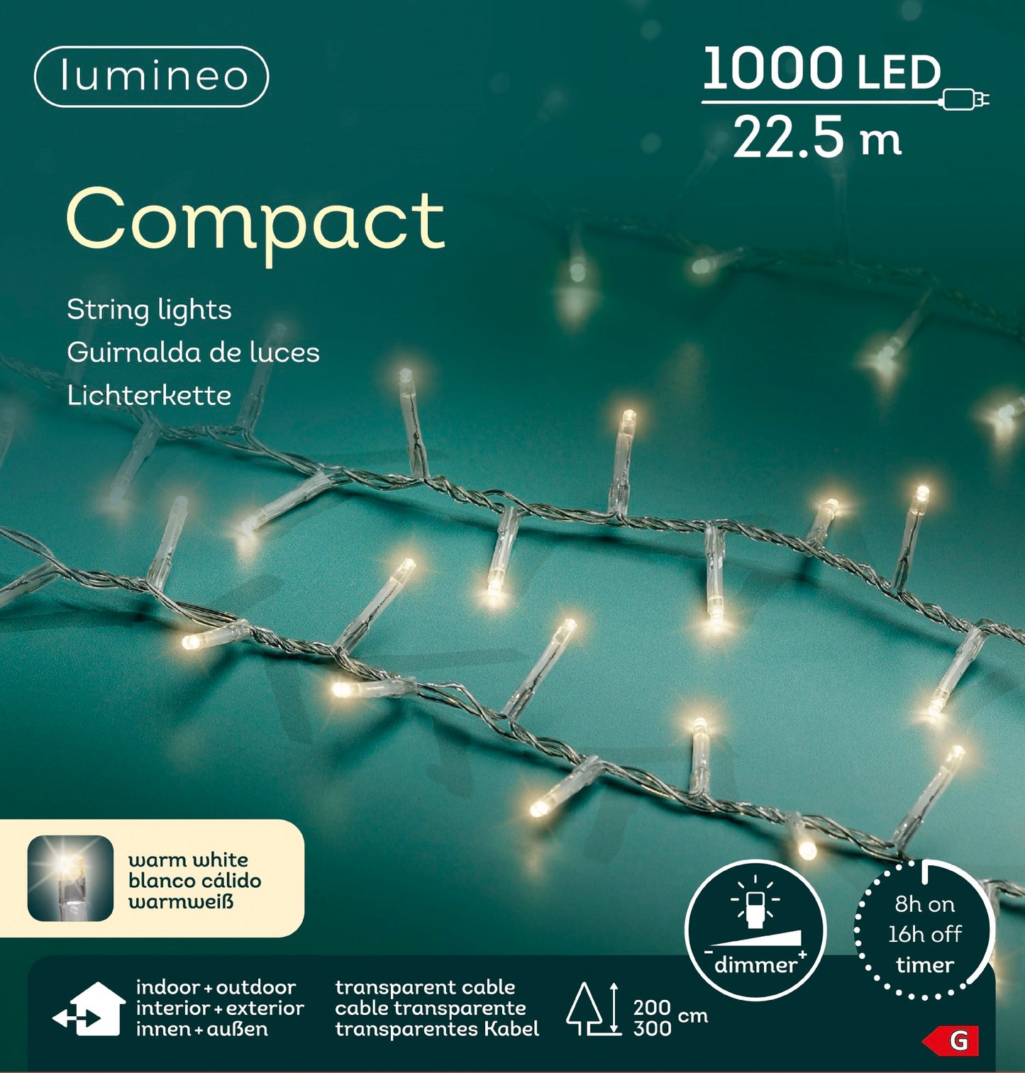 Lichterkette Compact 1000 LED 22,5m warm weiß, transparentes Kabel